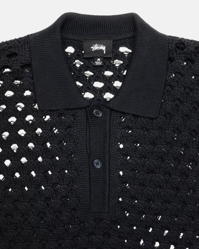 Black Men's Stussy Big Mesh Polo Knit Sweater | CA0000528