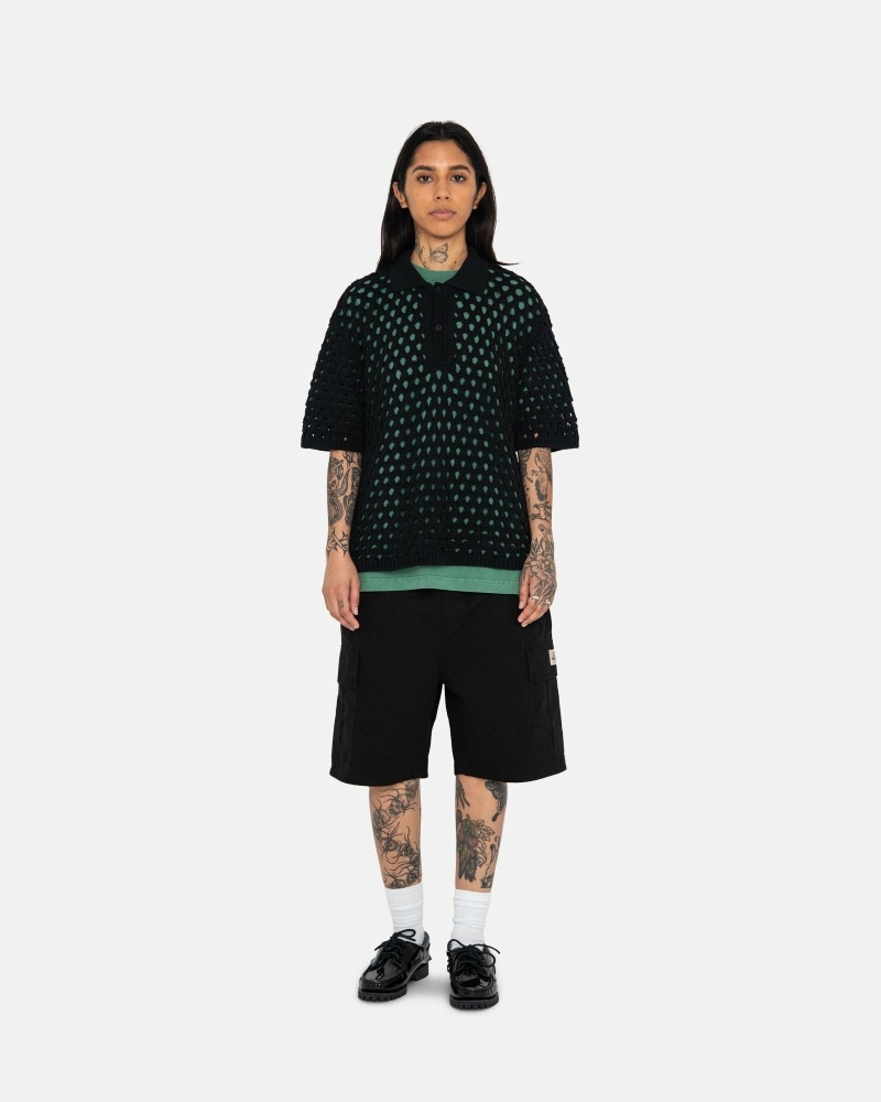 Black Men's Stussy Big Mesh Polo Knit Sweater | CA0000528