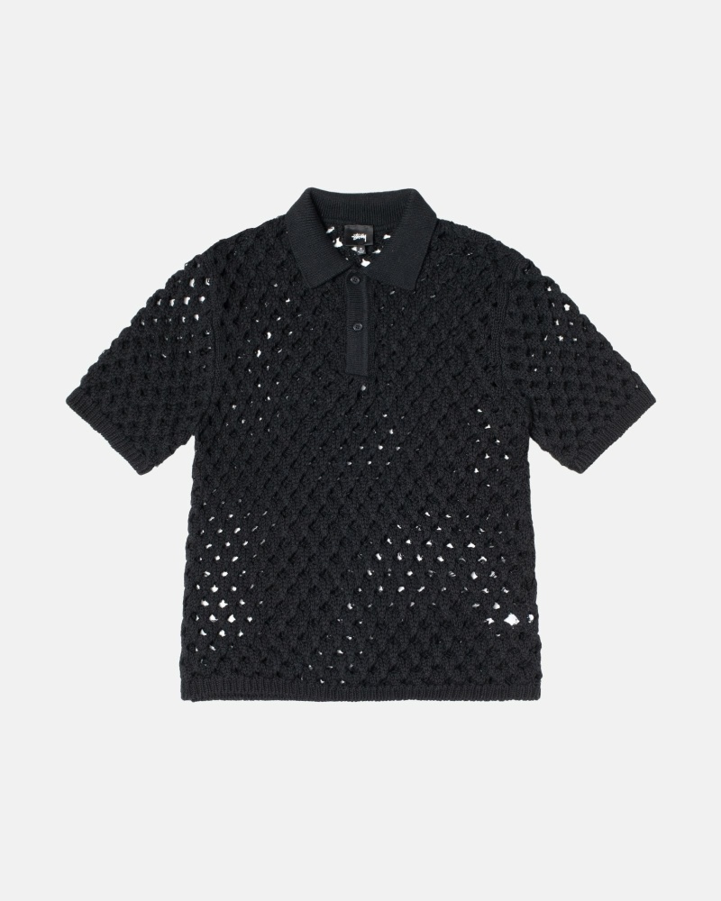 Black Men\'s Stussy Big Mesh Polo Knit Sweater | CA0000528