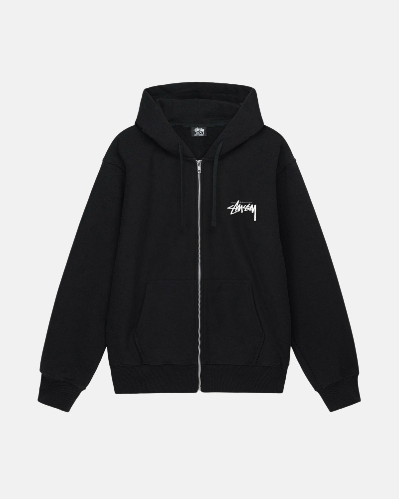 Black Men's Stussy Burning Stock Zip Hoodies | CA0000025