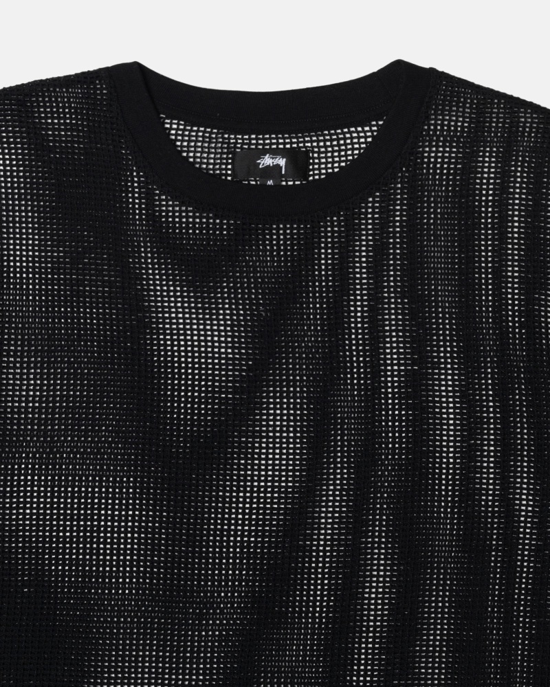 Black Men's Stussy Cotton Mesh LS Crew T Shirts | CA0000140