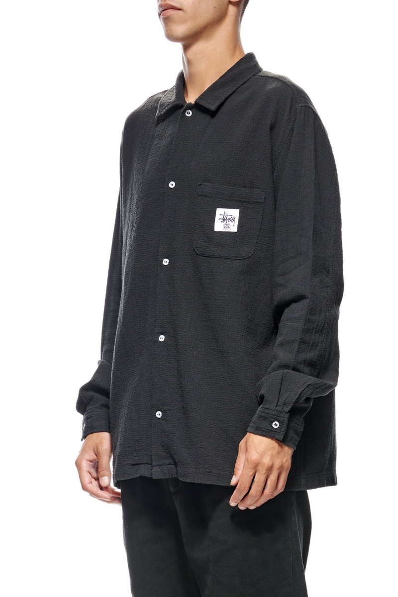 Black Men's Stussy Grid Seersucker LS Shirts | CA0000309