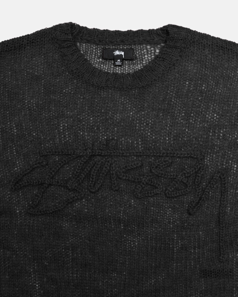 Black Men's Stussy Loose Knit Logo Knit Sweater | CA0000535