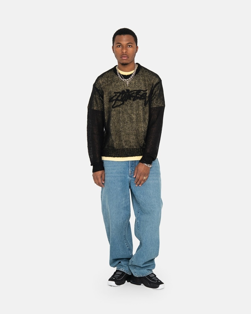 Black Men's Stussy Loose Knit Logo Knit Sweater | CA0000535