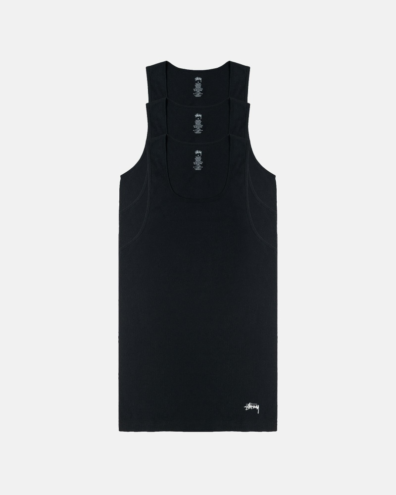 Black Men\'s Stussy Ribbed Tank - 3 Pack T Shirts | CA0000260