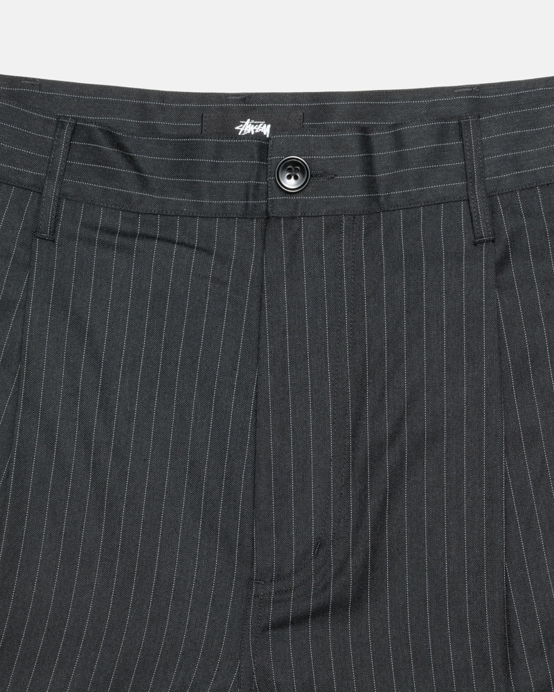 Black Men's Stussy Stripe Volume Pleated Trouser Pants | CA0000600