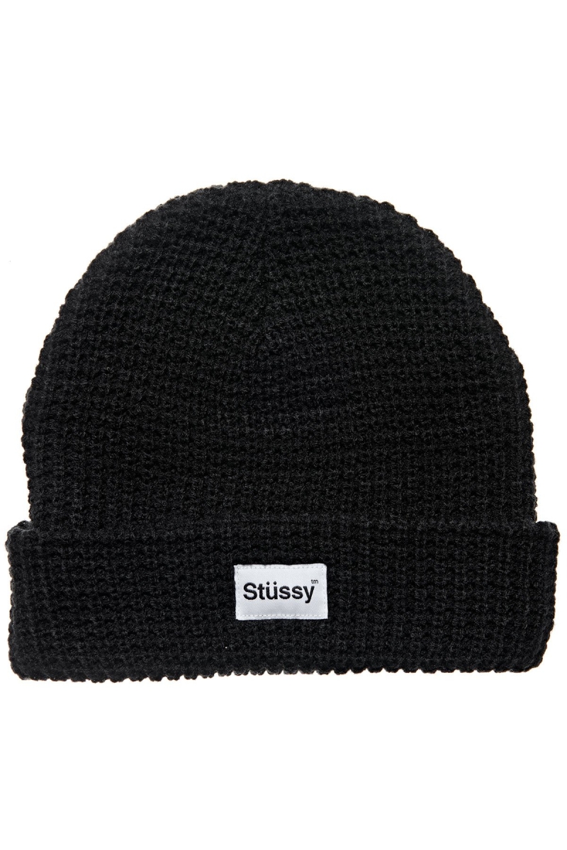 Black Men\'s Stussy Trademark Waffle Beanie Hats | CA0000503