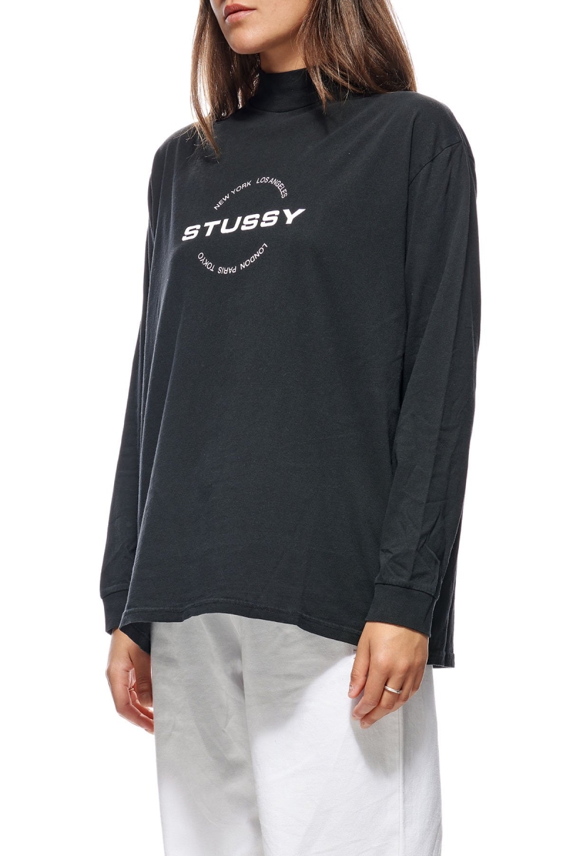 Black Women's Stussy Circles Mock Neck LS OS Sweatshirts | CA0000898