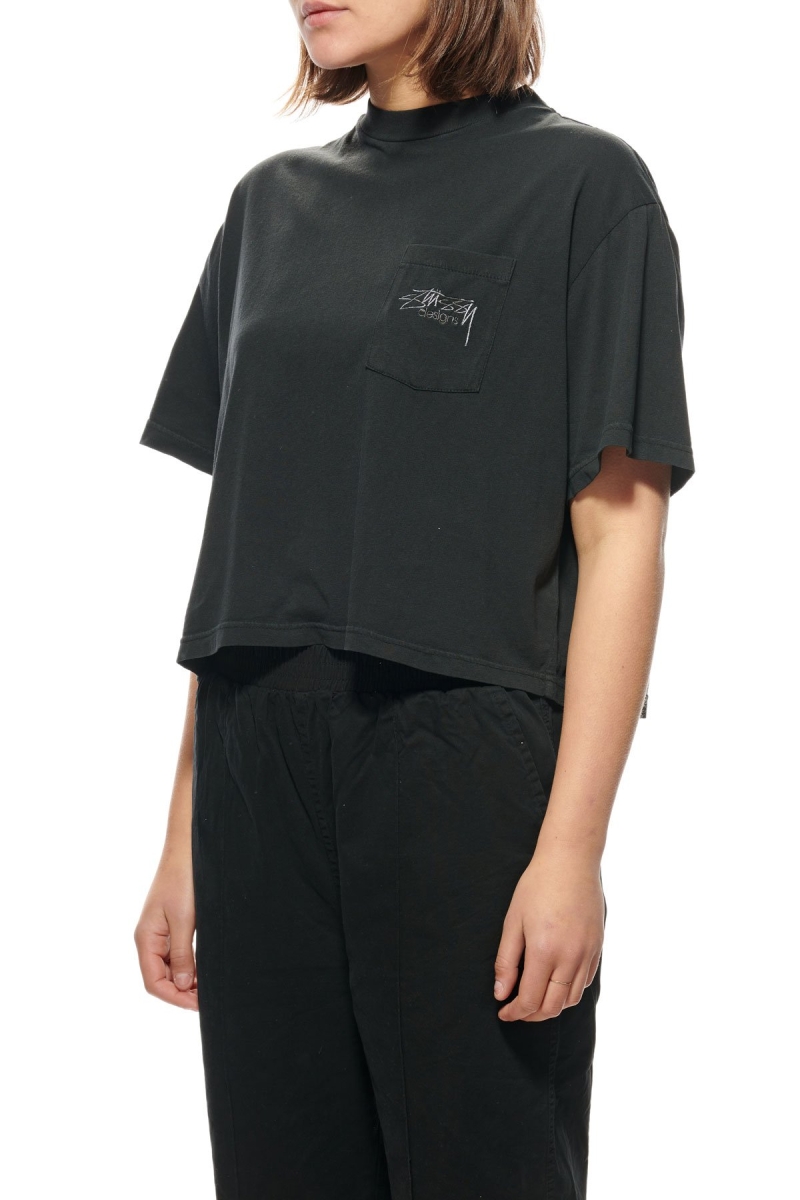 Black Women's Stussy Designs Pocket Boxy T Shirts | CA0000153