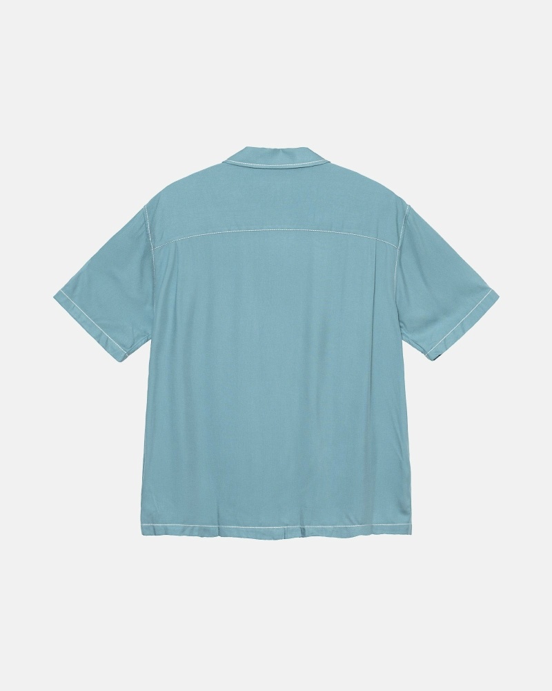 Blue Men's Stussy Contrast Pick Stitched Shirts | CA0000300