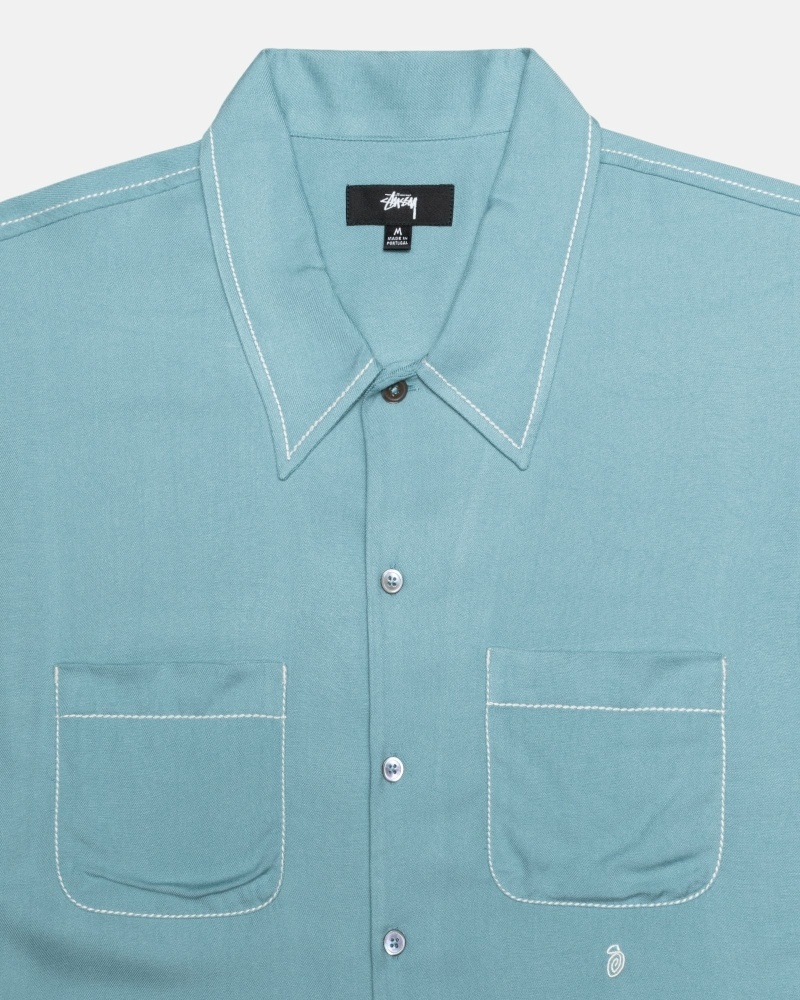 Blue Men's Stussy Contrast Pick Stitched Shirts | CA0000300