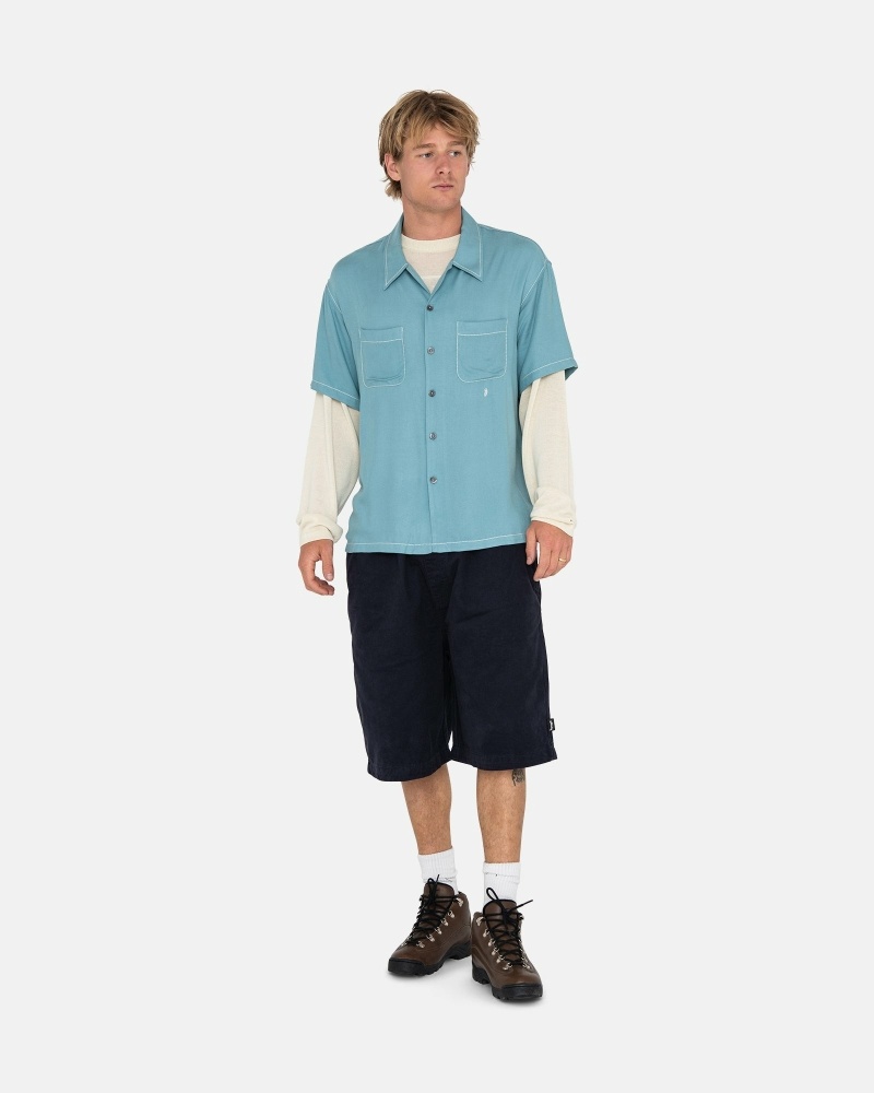 Blue Men's Stussy Contrast Pick Stitched Shirts | CA0000300