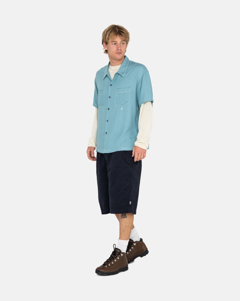 Blue Men's Stussy Contrast Pick Stitched Shirts | CA0000300