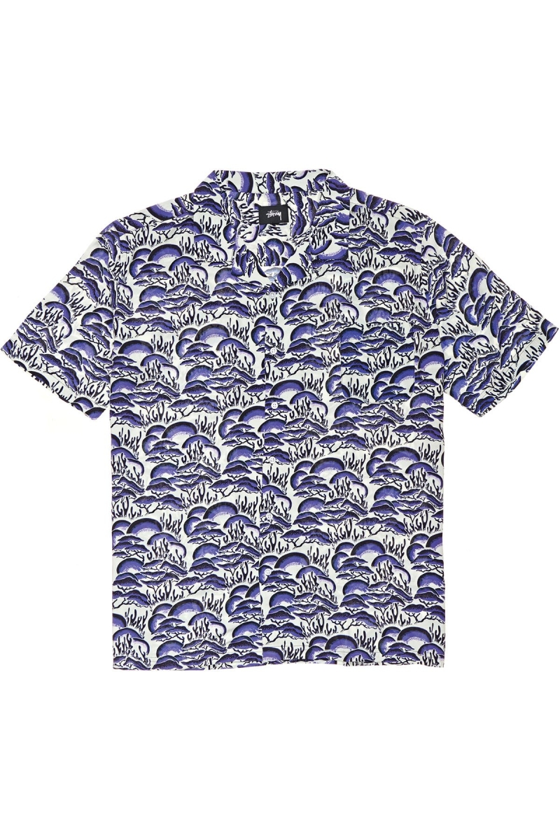 Blue Men\'s Stussy Coral Pattern SS Shirts | CA0000301