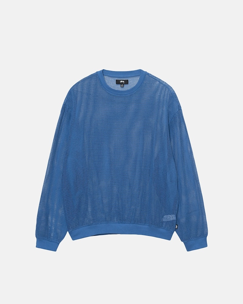 Blue Men\'s Stussy Cotton Mesh LS Crew T Shirts | CA0000138