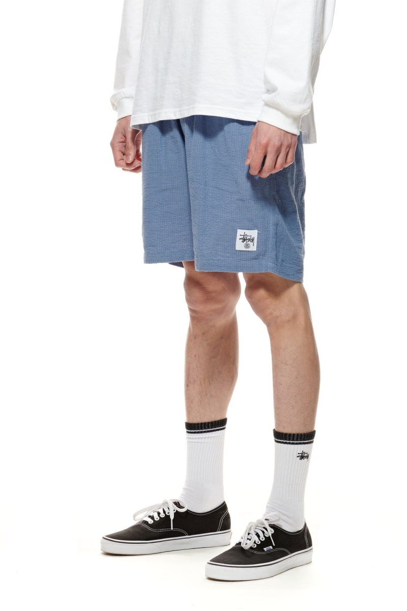 Blue Men's Stussy Grid Seersucker Beach Shorts | CA0000645