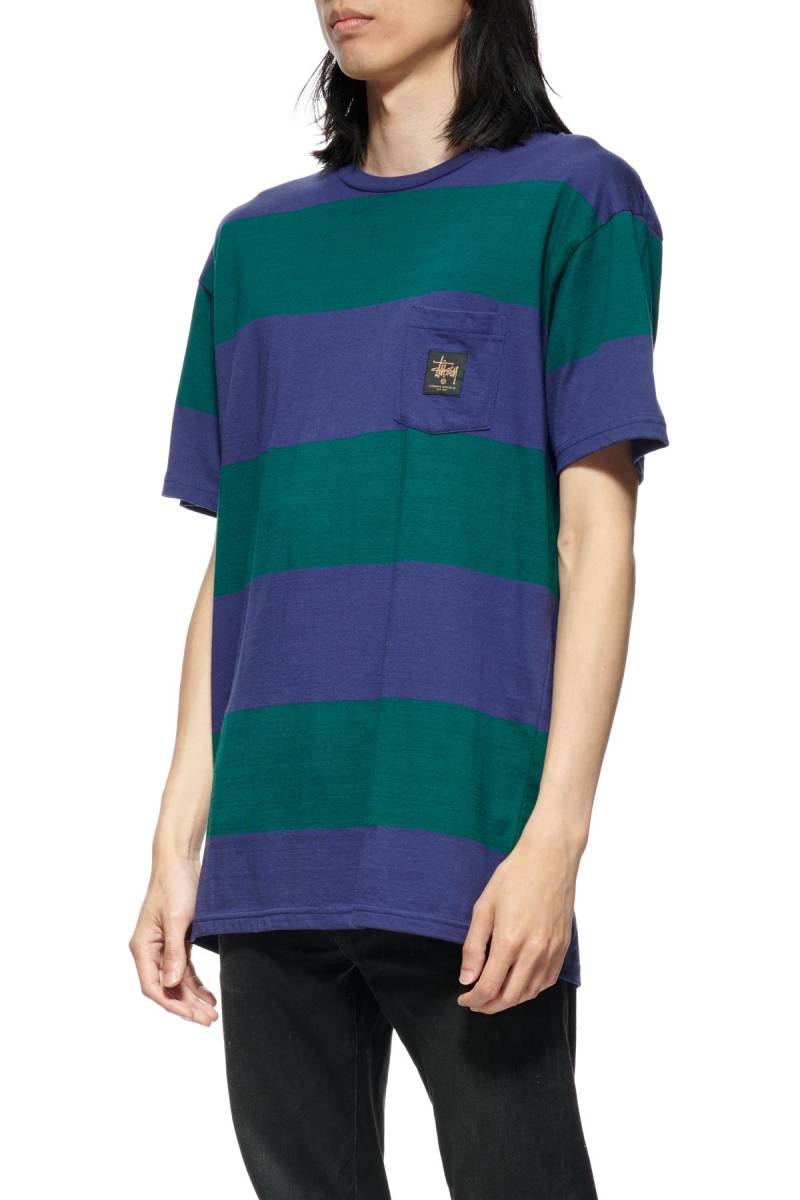 Blue Men's Stussy View Stripe SS Pocket T Shirts | CA0000283