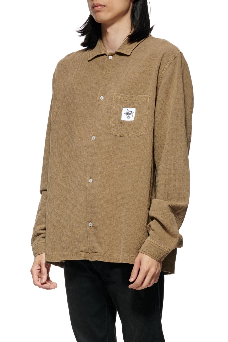 Brown Men's Stussy Grid Seersucker LS Shirts | CA0000308