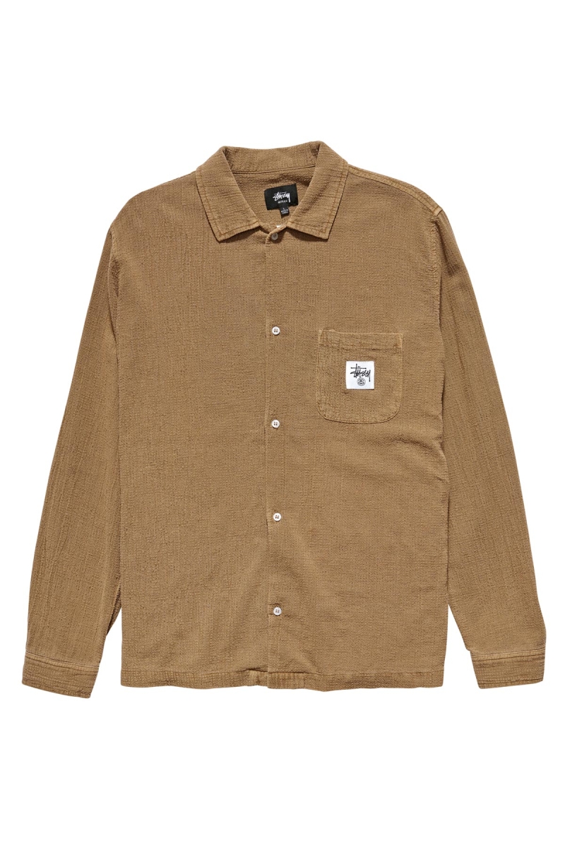 Brown Men\'s Stussy Grid Seersucker LS Shirts | CA0000308