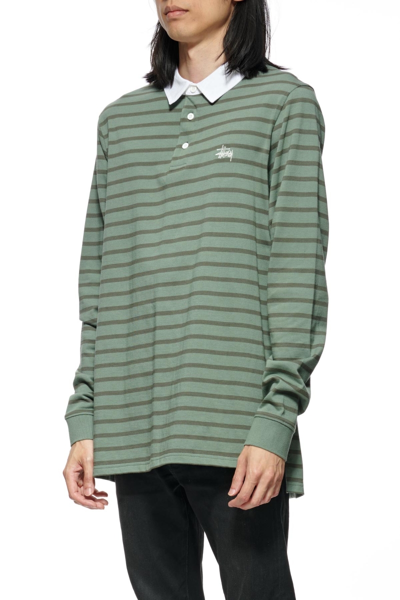 Green Men's Stussy Plain Stripe LS Rugby Shirts | CA0000331