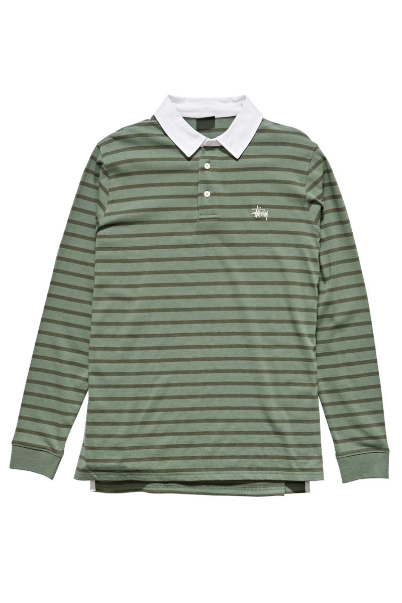 Green Men\'s Stussy Plain Stripe LS Rugby Shirts | CA0000331