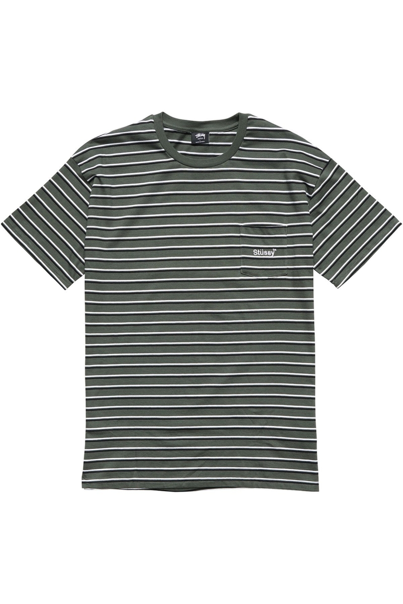 Green Men\'s Stussy Text Pocket Stripe T Shirts | CA0000276