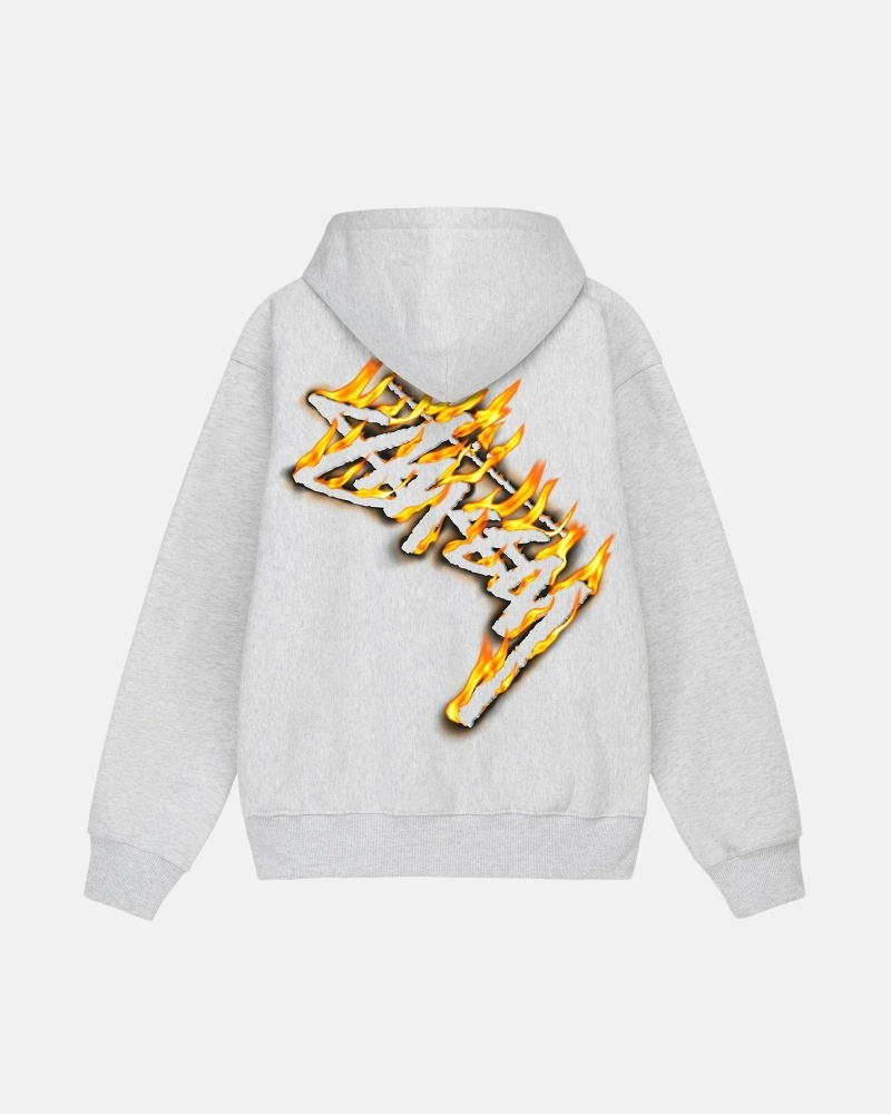 Grey Men\'s Stussy Burning Stock Zip Hoodies | CA0000026