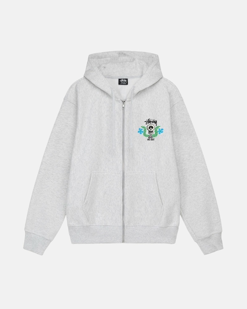 Grey Men\'s Stussy Skull Crest Zip Hoodies | CA0000069