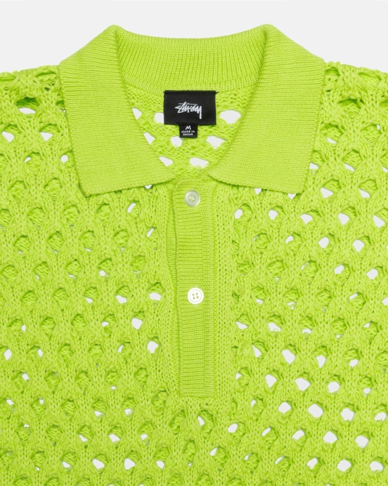 Light Green Men's Stussy Big Mesh Polo Knit Sweater | CA0000526