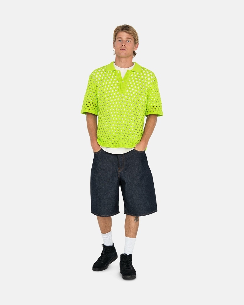 Light Green Men's Stussy Big Mesh Polo Knit Sweater | CA0000526