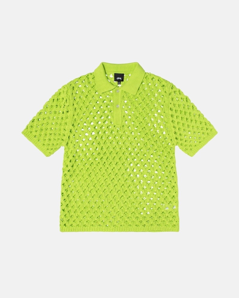 Light Green Men\'s Stussy Big Mesh Polo Knit Sweater | CA0000526