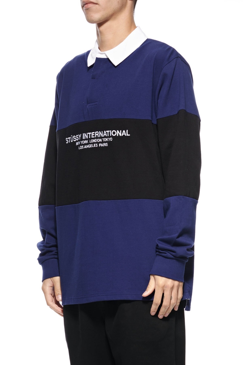 Navy Men's Stussy Panel LS Rugby Sweatshirts | CA0000949