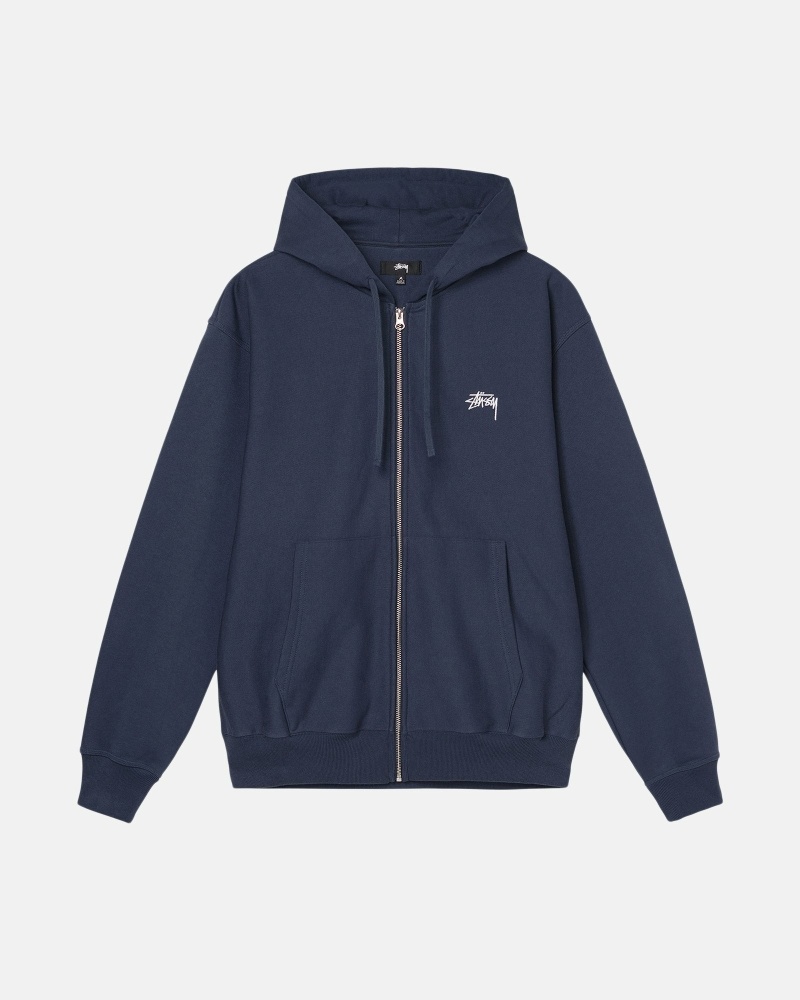 Navy Men\'s Stussy Stock Logo Zip Hoodies | CA0000082