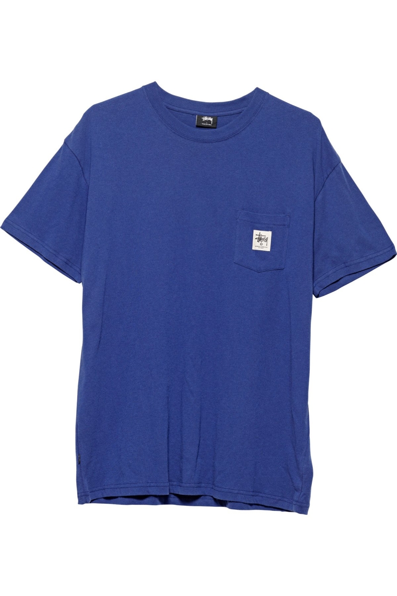 Navy Men\'s Stussy Work Label Pocket T Shirts | CA0000285