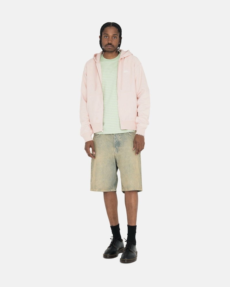 Pink Men's Stussy Stock Logo Zip Hoodies | CA0000083