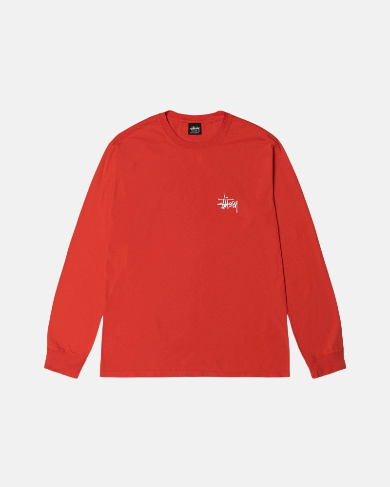 Red Men's Stussy Basic Pigment Dyed Ls T Shirts | CA0000103