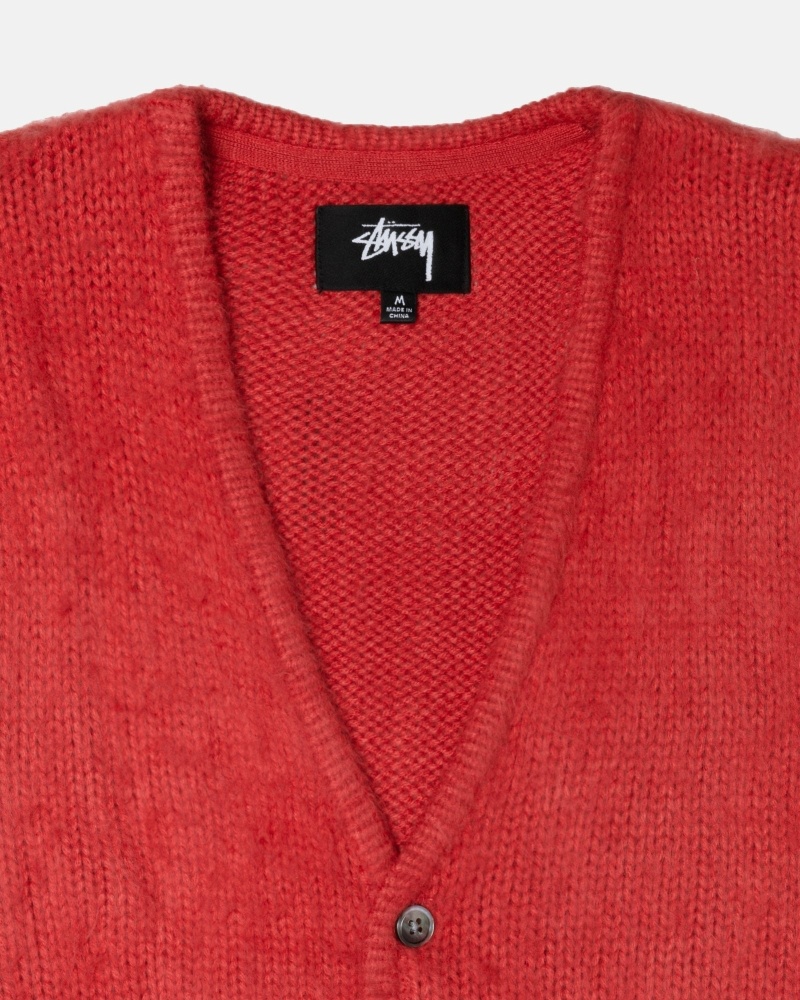 Red Men's Stussy Brushed Cardigan Knit Sweater | CA0000529