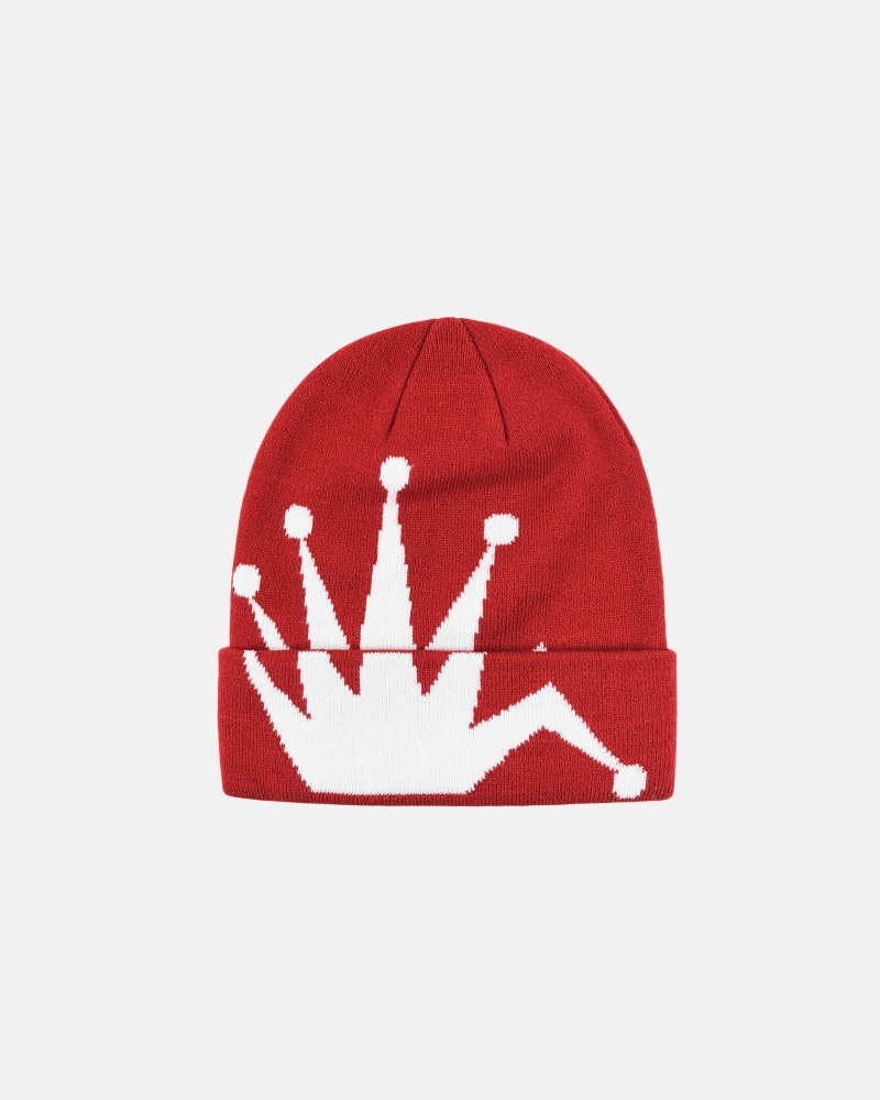 Red Men\'s Stussy Crown Jacquard Cuff Beanie | CA0000425