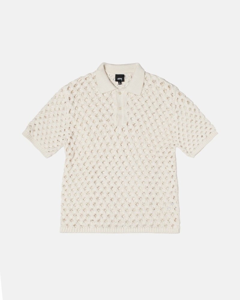 White Men\'s Stussy Big Mesh Polo Sweaters | CA0000817