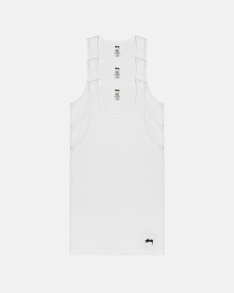 White Men\'s Stussy Ribbed Tank - 3 Pack T Shirts | CA0000259