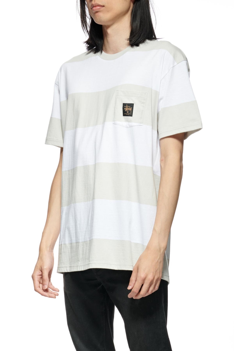 White Men's Stussy View Stripe SS Pocket T Shirts | CA0000284