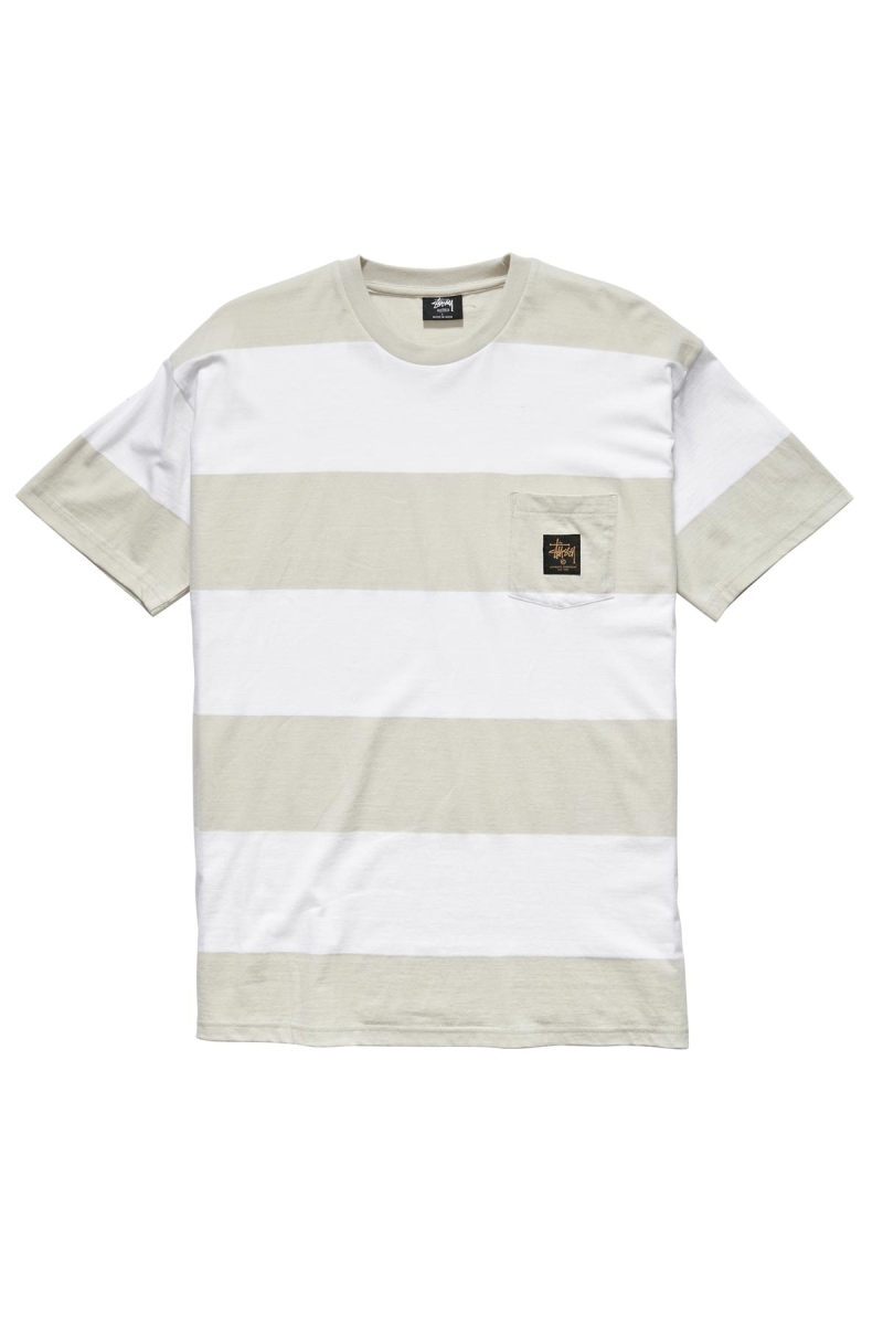 White Men\'s Stussy View Stripe SS Pocket T Shirts | CA0000284