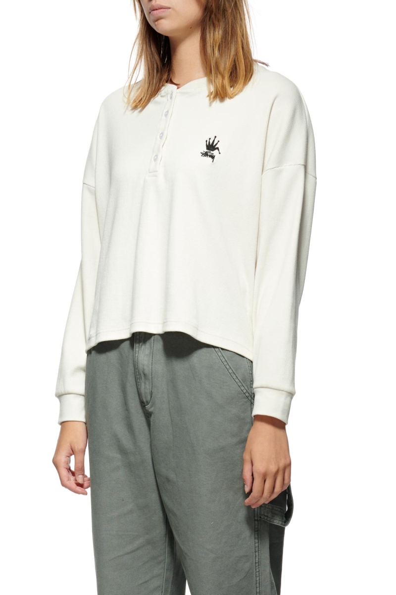 White Women's Stussy Crown Pigment Henley Sweatshirts | CA0000909