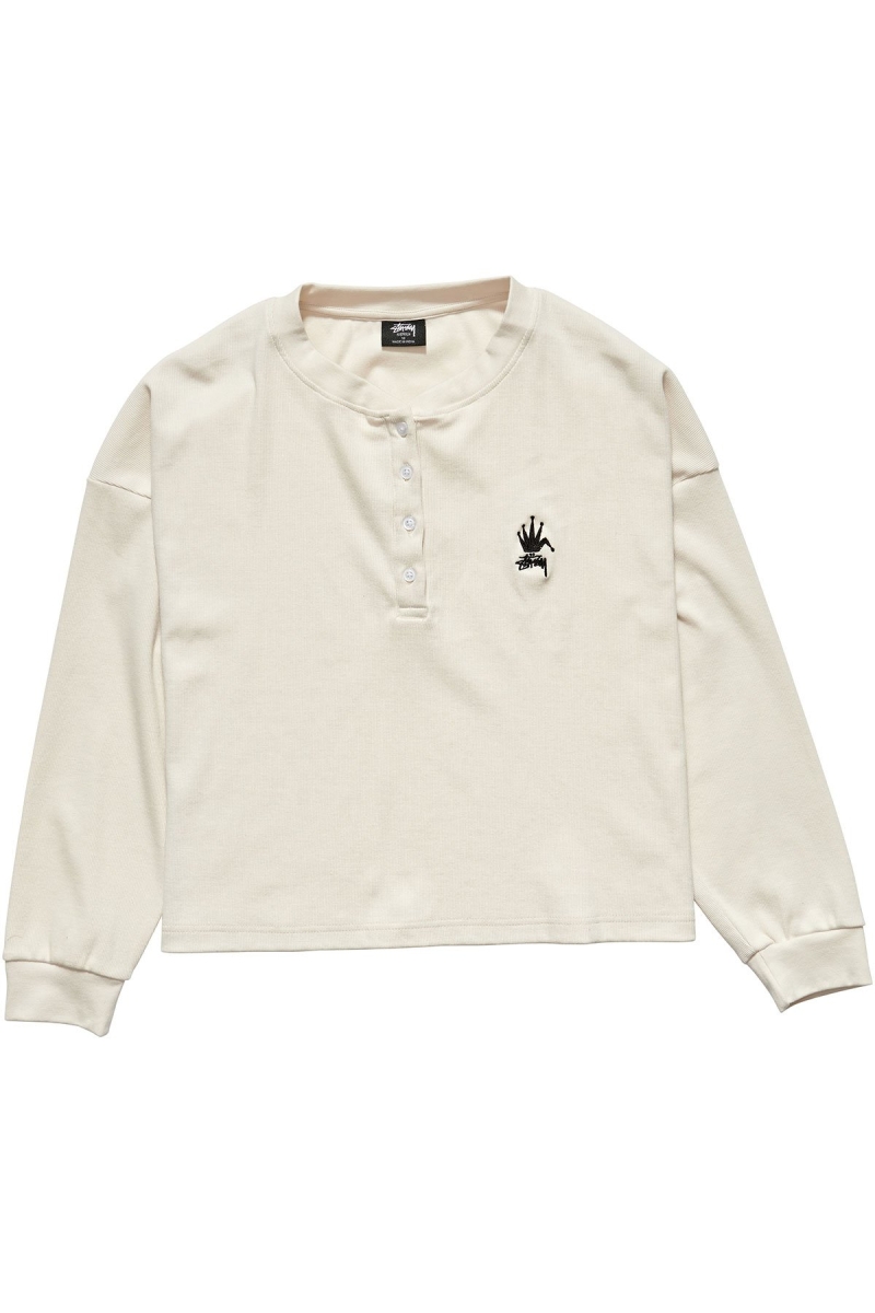 White Women\'s Stussy Crown Pigment Henley Sweatshirts | CA0000909