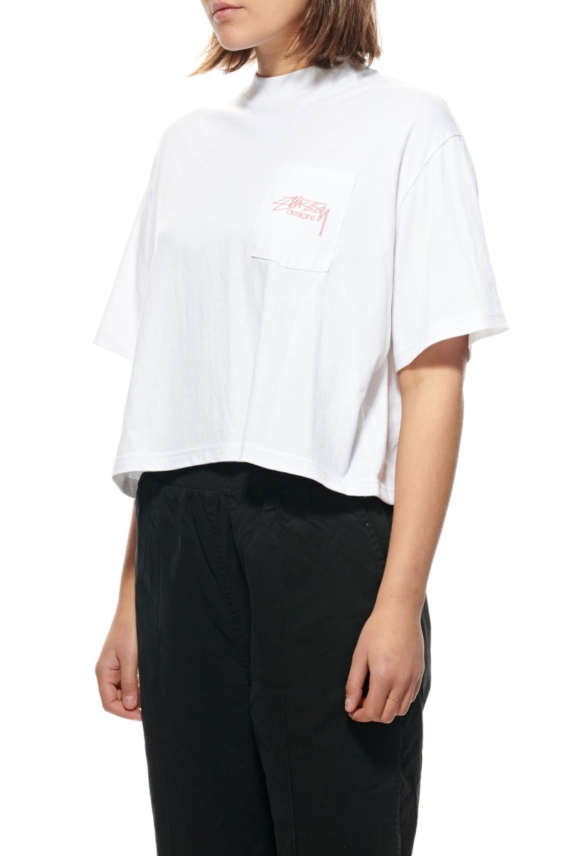 White Women's Stussy Designs Pocket Boxy T Shirts | CA0000151