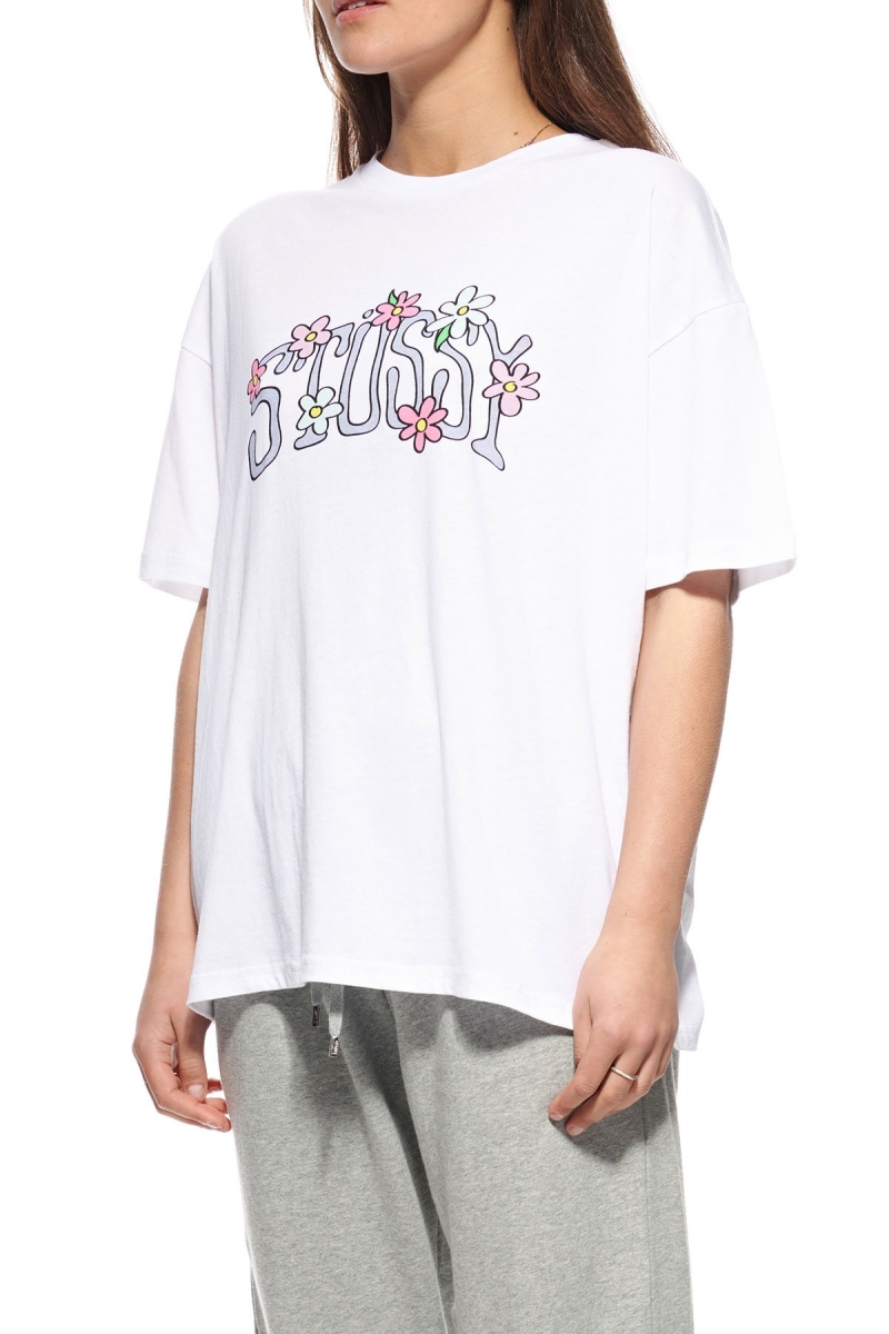 White Women's Stussy Flowers Relaxed T Shirts | CA0000170