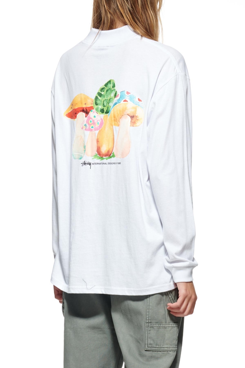 White Women's Stussy Shrooms Mock Neck LS Sweatshirts | CA0000954