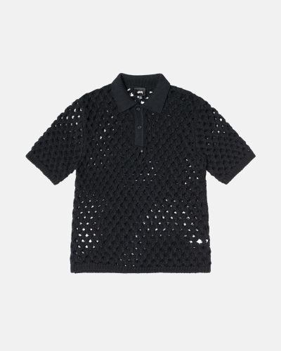 Black Men's Stussy Big Mesh Polo Sweaters | CA0000818