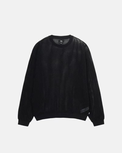 Black Men's Stussy Cotton Mesh LS Crew T Shirts | CA0000140