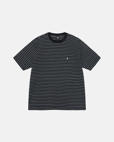 Black Men's Stussy Pin Striped Ss Crew T Shirts | CA0000255